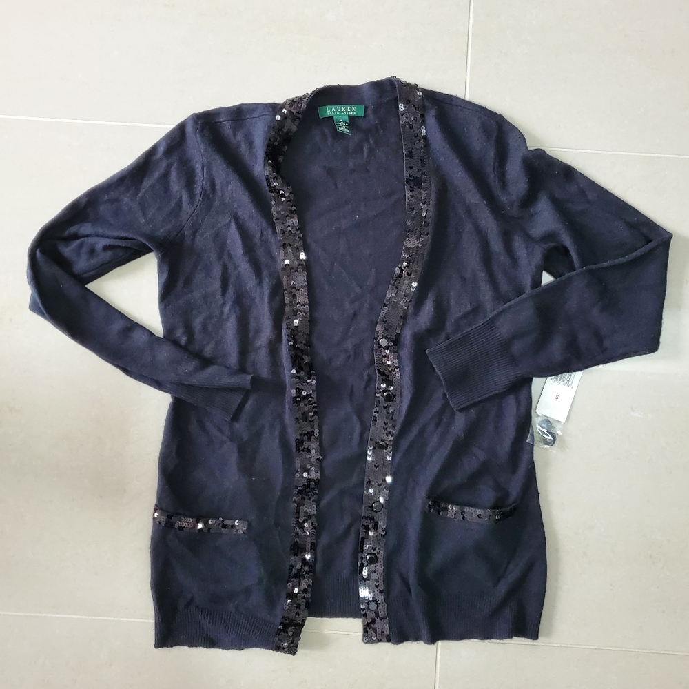 New Womens Ralph Lauren Hermitge Black Sequin Detailed Cardigan - Size Small